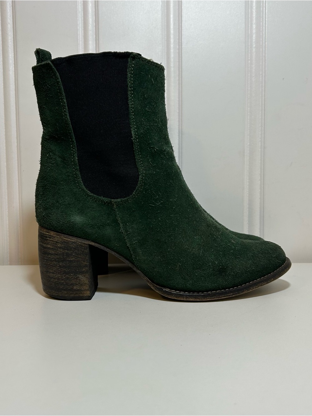 Dark Green Suede Chelsea Block Heel Boot - Women